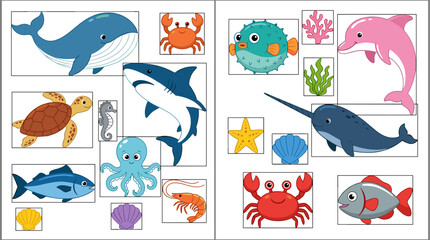 Cute cartoon sea animals sticker sheet vector illustration set with whale shark and dolphin © MSTMONIRA