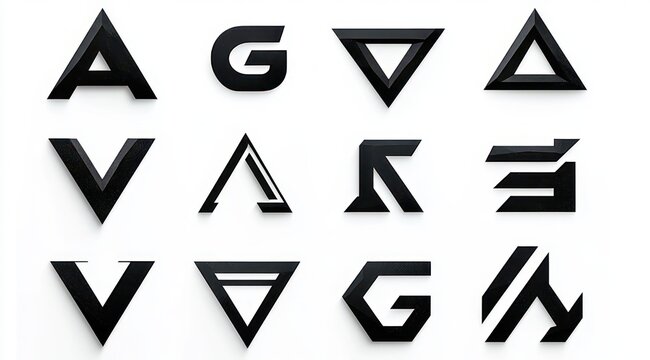 twelve black geometric three-dimensional letterform and symbol shapes on white background conveying modern minimalism and bold precision