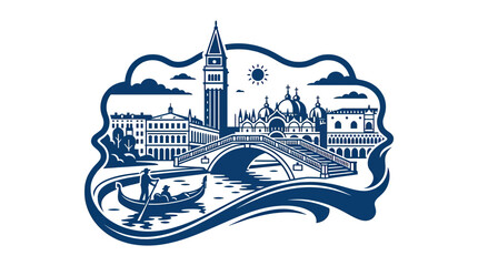 Venice Canal Scene with Gondola and St. Mark's Basilica in Blue Silhouette © toples