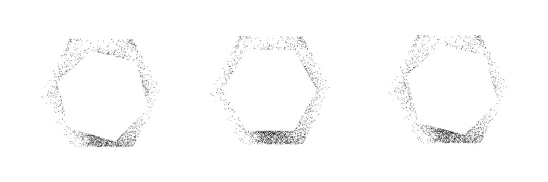 Sprayed stencil effect square frame collection. Stippled grain rectangle border set. Fade dot texture rectangular shape bundle. Vector rough texture boarder pack for text box, banner, poster, template