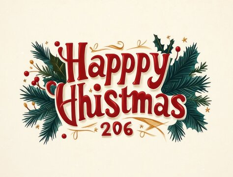 hand-lettered red greeting reading happpy hhistmas 206 surrounded by pine branches, holly, red berries, gold stars and decorative swirls on a cream background, joyful and warm festive mood