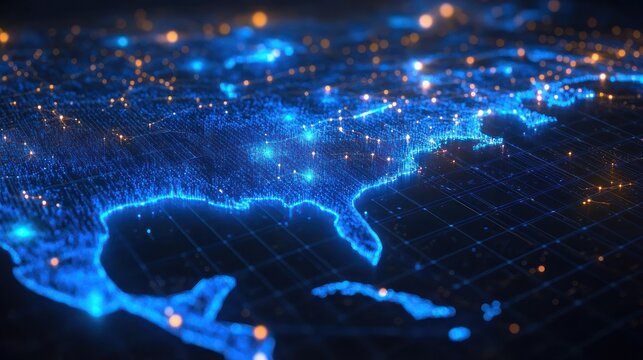 glowing futuristic digital map of eastern north america with blue gridlines, orange city lights and connected data nodes evoking high-tech connectivity and dynamic energy