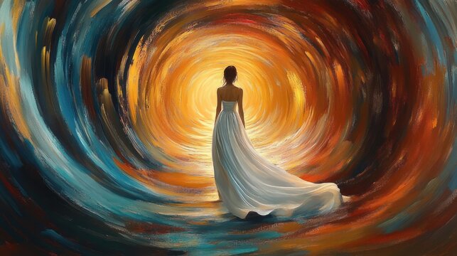woman in a flowing white gown standing before a swirling golden and teal vortex, back turned, serene and hopeful dreamlike painted scene