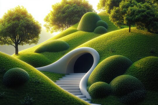 Serene sunlit rolling green hills with rounded topiary and trees surrounding a smooth white curved entrance and descending staircase, peaceful and inviting