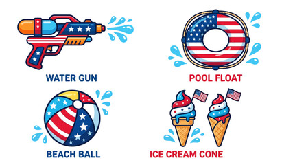 Fototapeta premium Summer fun with patriotic water gun beach ball pool float and ice cream cone