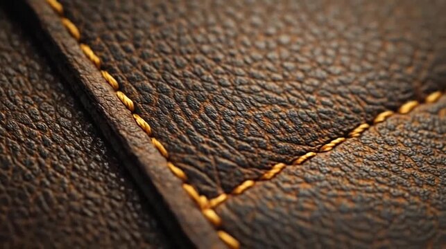 Detailed macro view of stitched brown leather texture