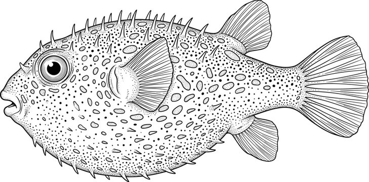 Detailed black and white vector illustration of a pufferfish in vintage engraved line art style