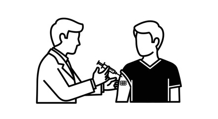 Naklejka premium Doctor giving vaccine injection to patient, medical healthcare concept, line art illustration