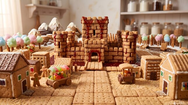 A Whimsical Kingdom Where Every Castle, Street, and Village Is Carefully Crafted from Golden Biscuits, Sweet Icing, Colorful Candies, and Imagination, Bringing a Fairytale World to Life