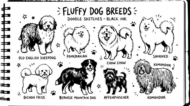 Fluffy dog breeds illustrations in black ink