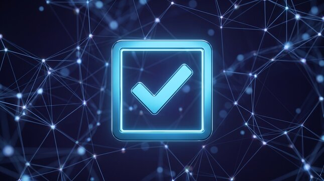 Glowing check mark icon inside square frame surrounded by abstract network of connected nodes and lines on dark blue background representing digital verification