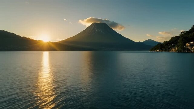Golden sunset over Lake Atitlan volcano view in Guatemala
