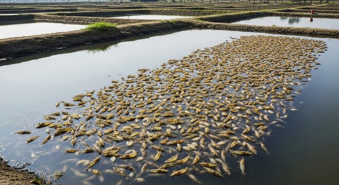 Abundant shrimp farm ponds filled with harvested seafood ready for processing, showcasing vast aquaculture production.