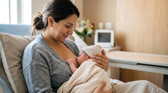 Loving mother breastfeeding her newborn baby at home in a cozy armchair, natural lactation and postpartum care concept.