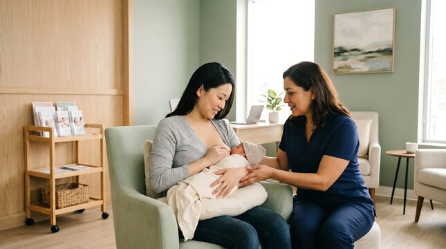 Loving mother breastfeeding her newborn baby at home in a cozy armchair, natural lactation and postpartum care concept.