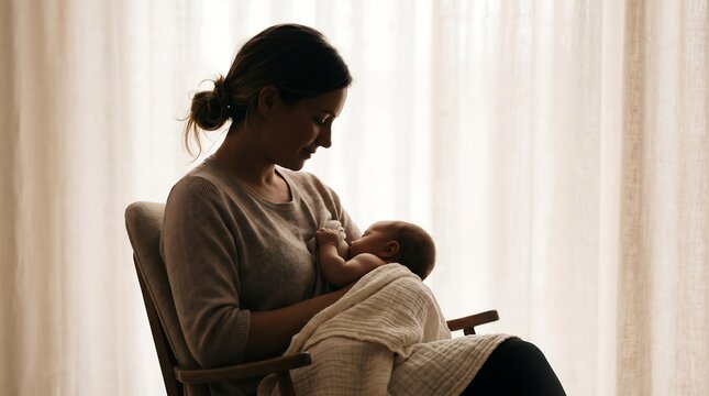 Loving mother breastfeeding her newborn baby at home in a cozy armchair, natural lactation and postpartum care concept.