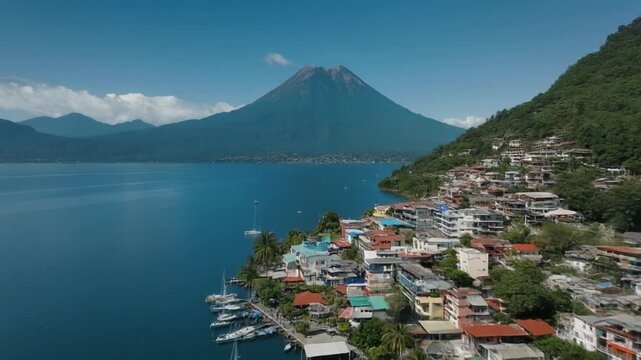 Aerial drone atitlan volcano view over lakeside town and blue water