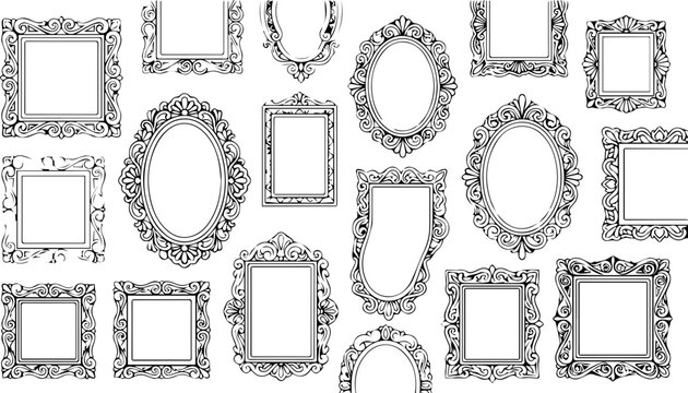 Ornate empty picture frames in various shapes