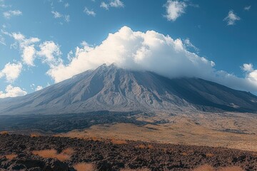 Fototapeta premium Majestic volcanic mountain with rugged lava fields and summit shrouded in cloud under a bright blue sky, evoking serene solitude and awe