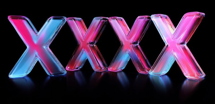 five glossy translucent X letters in neon pink and blue on a reflective black surface conveying futuristic bold energy