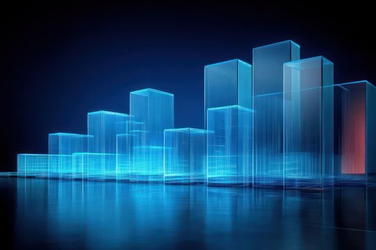 Glowing translucent blue towers and glass-like rectangular prisms forming a futuristic city skyline and bar chart on a reflective floor, serene neon-lit atmosphere with a subtle red accent