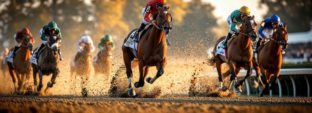 Racehorses and jockeys charging down a dirt track at golden hour, dirt flying and muscles straining in a fierce high-speed race