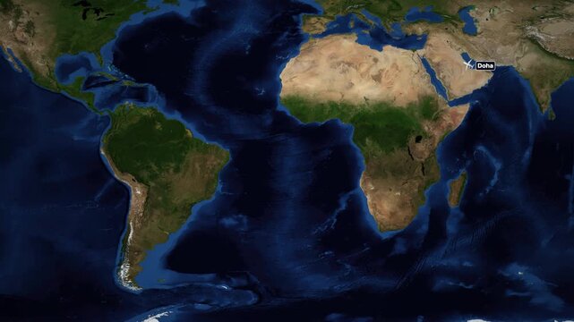 Animated World Map Showing Flight Route from Doha to Miami
