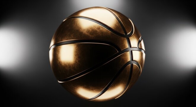 Golden basketball with dark background and bright spotlights.