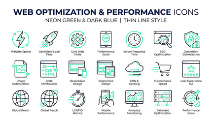 Web Optimization & Performance Icons Set - Neon Green & Dark Blue Thin Line Style © Tongseng