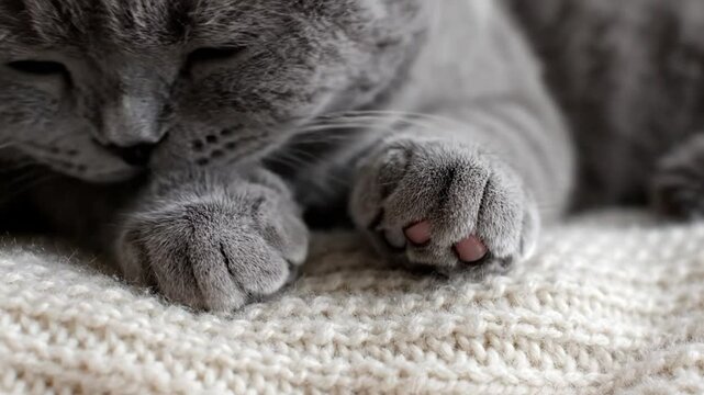 Close-up of a gray cat grooming its paw on a soft, textured cream-colored blanket