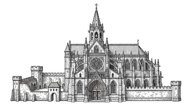 Gothic Cathedral Illustration with Fortification Walls and Towers