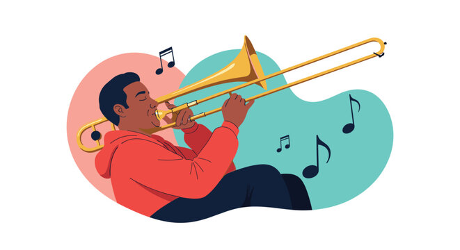 Talented man plays a golden trombone surrounded by floating musical notes and abstract shapes in a creative music illustration.