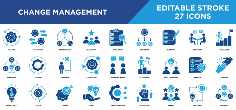 Change management solid icons set with change, transition, stakeholder, leadership, evaluation, structure concepts. Editable stroke vector collection.	