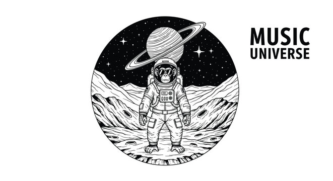 Black and white artistic illustration shows a monkey astronaut standing on a rocky moon surface with a ringed planet in the night sky.