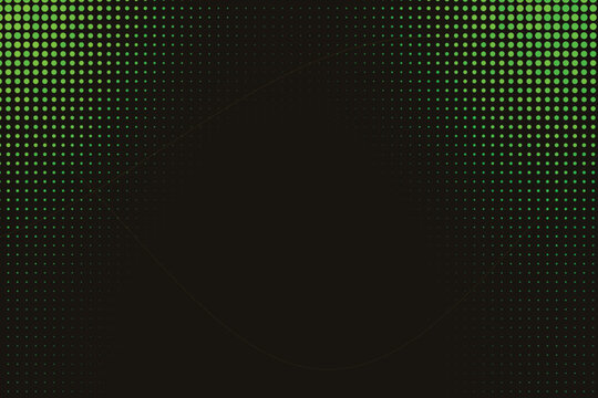 Glowing green halftone dot pattern on black background, dots neon luminous