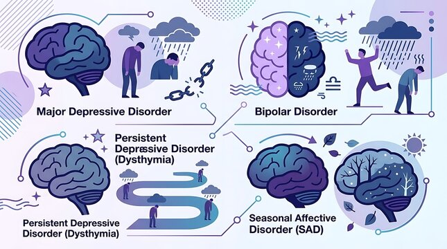 Mental health infographic showing various types of depressive disorders