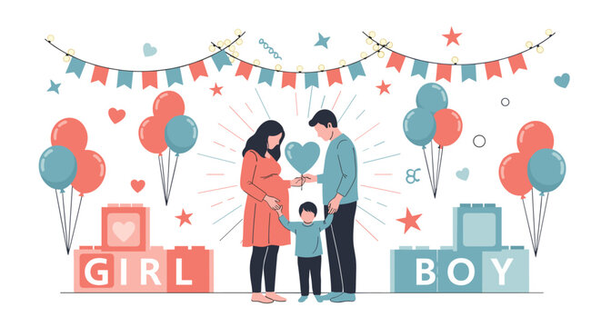 Pregnant woman and her husband with their small son celebrate a gender reveal party with colorful balloons and decorative banners.