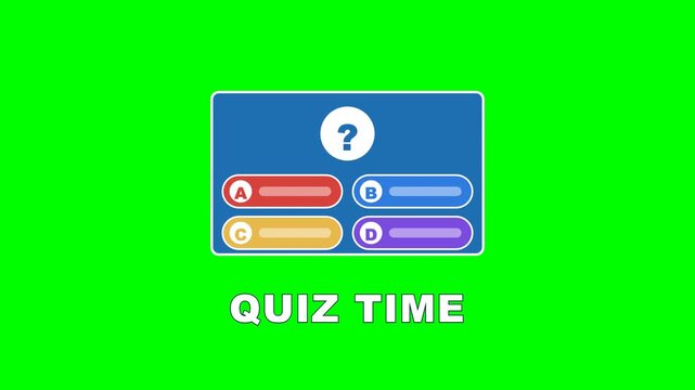 4K green screen QUIZ TIME animated title - a quiz card with a question mark and four options, kinetic typography motion graphics intro overlay, chroma key