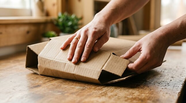 Close up of hands packing a cardboard box for shipping