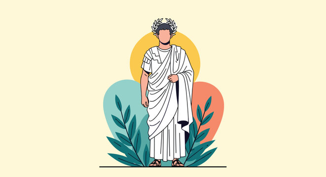 Classical illustration shows an ancient Roman man in a traditional white toga and laurel wreath standing between green leafy branches.