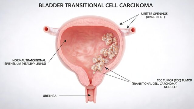 3D Anatomical Diagram of Bladder Transitional Cell Carcinoma, Cutaway Urinary Bladder with Multiple Nodular TCC Tumors, Labeled Healthy Epithelium, Ureter Openings and Urethra for Urologic Cancer Educ