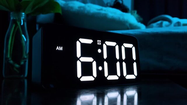 ​Man turning off beeping alarm clock at 6:00 am morning. Morning wake up concept