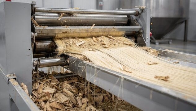 Medium shot of dry hemp bast fiber decortication showcasing mechanical equipment separating fibers from woody core in a clean dustfree environment.