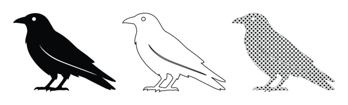 Minimalist Raven Vector Set, three distinct black crow illustrations, solid, outline, and textured designs, ideal for Halloween, nature, or gothic themes