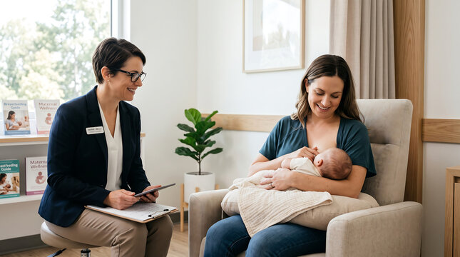 Loving mother breastfeeding her newborn baby at home in a cozy armchair, natural lactation and postpartum care concept.