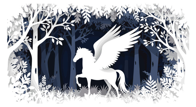 Majestic white pegasus with large wings stands in a dark mystical forest with stylized trees and foliage in a paper cut style.