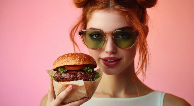 person with red hair in double buns holding a sesame seed burger wrapped in paper, poised to take a bite with playful anticipation against a pink background
