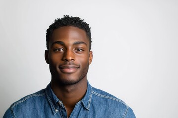 Obraz premium Studio portrait of an anonymized adult with a blurred face wearing a denim shirt against a plain light gray background, calm neutral mood