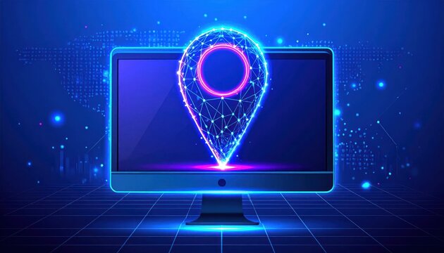 Glowing neon wireframe location pin on digital monitor futuristic global map cyber grid symbolizing global tracking and network technology.