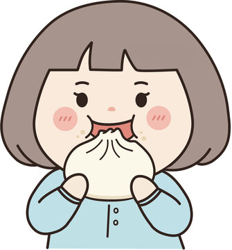 Cute cartoon girl eating dumpling avatar icon vector illustration